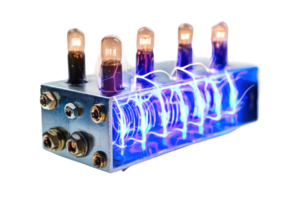 Futuristic electrical component with glowing lights and vibrant colors representing advanced technology and innovation. png