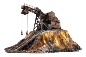 Rustic and abandoned industrial building on rocky terrain, showcasing vintage architecture and machinery from the past. png