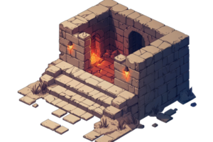 Isometric view of an ancient, ruined stone building with fire torches illuminating the entrance. png