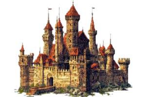 Majestic medieval castle with grand architecture, multiple towers, and a fortified structure, representing historical elegance and ancient heritage. png