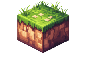 Isometric pixel art of a grassy terrain cube with soil layers, perfect for game design and digital art projects. png