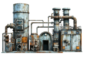 A detailed and rusted industrial machine with pipes and structures, showcasing a steampunk aesthetic and vintage mechanical design. png