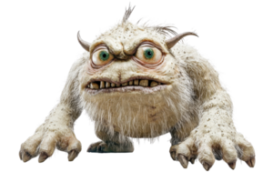 A detailed 3D rendering of a furry, fantastical monster with big eyes and sharp teeth, poised ready for action in a playful, whimsical style. png