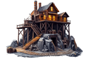 Rustic wooden mining house with warm glowing windows, surrounded by rocky terrain and a wooden stairway leading up to the entrance. png
