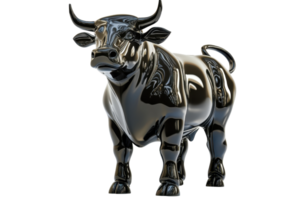 A shiny metallic bull statue in an imposing stance, symbolizing strength, power, and determination. png