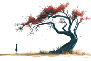 A solitary figure stands beneath a large tree with vibrant red leaves, symbolizing serenity and solitude in a peaceful natural setting. png
