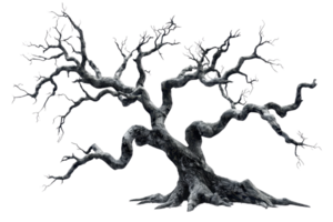 A striking image of a bare, twisted tree with dark branches, creating a haunting and eerie atmosphere, perfect for spooky and mysterious settings. png