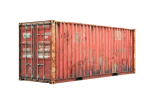 A weathered red shipping container with rusty spots, ideal for transportation, storage, and industrial-themed projects. png