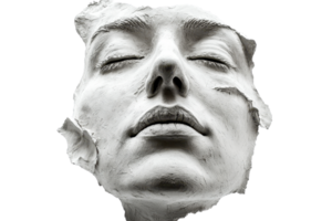 Close-up of a serene white plaster face sculpture with closed eyes and smooth features, expressing calm and tranquility. png