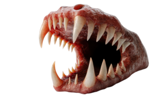 Close-up of menacing creature with sharp teeth and open mouth, showcasing detailed texture and frightening realism. png