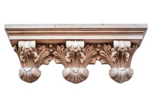 Close-up of ornate architectural detail on a classical stone corbel with intricate carvings. Ideal for historical and architectural projects. png
