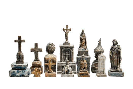 Sammlung von Antiquität religiös Statuen und Kreuze, präsentieren kompliziert Designs und Kunst. perfekt zum historisch oder kulturell Projekte. png