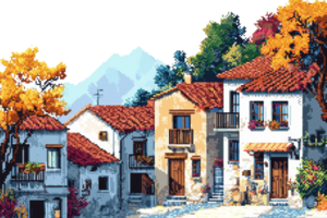 Charming hillside village with rustic houses, colorful roofs, and a mountain backdrop in autumn, featuring nature and peaceful scenery. png