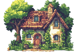 Charming fairytale cottage with a tiled roof, lush greenery, and vintage windows in a serene, picturesque forest setting. png