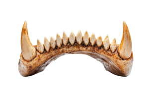 Close-up of a fossilized animal jawbone with teeth exposed, showcasing the detail and texture of the bones for educational and scientific use. png