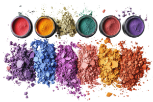 Colorful powdered pigments in various shades arranged in a line, showcasing vibrant and diverse hues, perfect for art and design projects. png