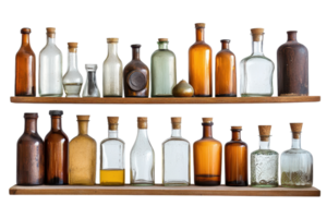 Collection of vintage glass bottles with cork stoppers on wooden shelves, creating an antique, nostalgic, and rustic display. png