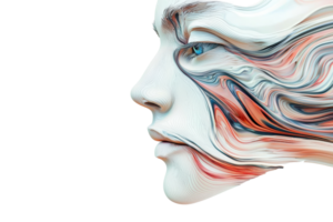 Digital art of a human face with abstract paint strokes, blending vibrant colors for a surreal visual effect. Modern, unique portrait design. png