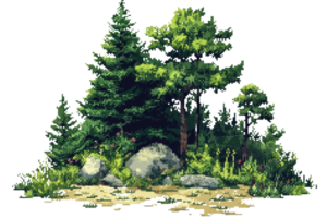 Digital illustration of a peaceful forest scene with lush greenery, tall trees, and scattered rocks at the edge of the woods. png