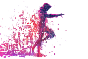 Dynamic digital art of a hooded figure dissolving into colorful particles, symbolizing transition, creativity, and digital transformation. png
