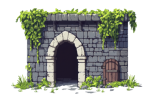 Digital illustration of an ancient stone building with overgrown vegetation and an arched entrance, creating a mystical atmosphere. png