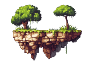 Floating island with lush trees and greenery. A mystical and magical land suspended in the sky, perfect for fantasy themes and game design. png