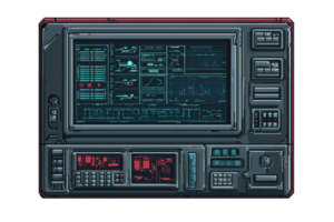 Futuristic control panel with complex interface featuring multiple screens and buttons, ideal for sci-fi settings and technology projects. png