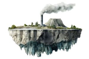 Floating island with a smoking factory, detailed, with craggy cliff base and lush greenery on top, surrounded by clouds. 3D rendering. png