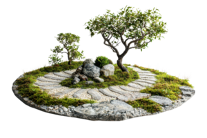 Elegant Zen garden with a winding stone path, surrounded by green moss and trees, perfect for tranquility and meditation. png