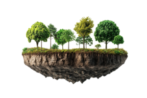 Fantasy island floating in the air with lush green trees and foliage, representing an isolated and magical natural environment. png