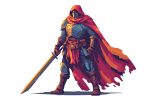 Illustration of a medieval knight in armor and red cloak, holding a sword ready for battle. Detailed and vibrant artistic depiction. png