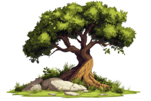 Illustration of a lush tree with green foliage and a twisted trunk, standing on a rock-strewn ground with lush greenery. png
