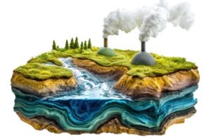 Environmental impact illustration showing industrial pollution with factory smoke on layered land cross-section and a river flowing. png