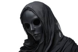 Mysterious figure in a black cloak with a mask, creating a dark and eerie atmosphere. Perfect for horror and haunting themes. png