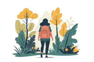 Illustration of a woman hiking in nature with a backpack, surrounded by trees and plants, enjoying an outdoor adventure. png