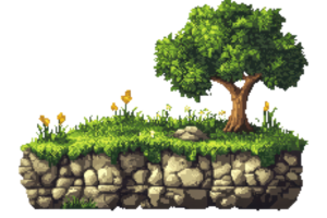 Pixel art floating island with a tree, lush grass, and flowers. Ideal for game design, fantasy artwork, or digital backgrounds. png