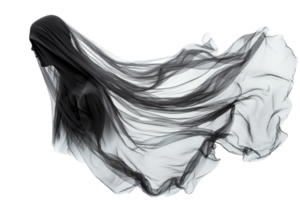 Mystical figure draped in flowing, sheer black fabric, creating an ethereal, ghostly appearance with motion and elegance. png