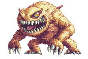 Pixel art of a fierce, monstrous creature with sharp teeth and claws, displaying a menacing expression on its face. png