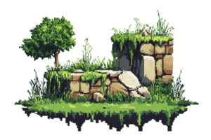 Pixel art of a floating island with greenery, moss-covered stones, and a small tree, creating a serene natural scene. png