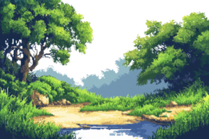 Pixel art forest scene with lush greenery, a path, and a serene river, evoking a nostalgic and peaceful ambiance. png