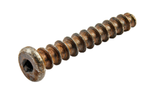 Close-up of a rusty screw isolated on transparent background. Perfect for industrial themes, construction materials, and vintage tool projects. png