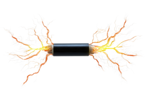 Close-up of a broken wire sparking with electricity, symbolizing power, danger and energy. Isolated on transparent background. png