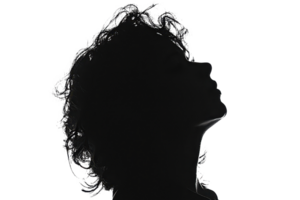 Silhouette of a person with curly hair and head tilted upwards, isolated on a transparent background. Artistic and dramatic shadow effect. png