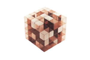 3D geometric abstract cube with transparent and metallic elements, showcasing modern design and intricate construction. png