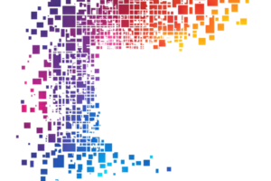 Colorful pixel art in gradient hues from purple to yellow, forming an abstract rectangular shape on a transparent background. png