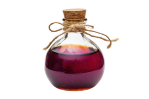 Round glass bottle with cork stopper and tied string, filled with dark red liquid. Isolated on transparent background. png