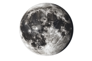 High-resolution image of the Moon showcasing lunar surface details, craters, and textures against a transparent background. png
