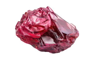High-quality stock photo of a vibrant red ruby gemstone with intricate, natural facets, isolated on a transparent background. png