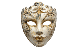 Intricate Venetian mask with gold and white detailing, perfect for carnival or masquerade themes. High-resolution isolated on a transparent background. png