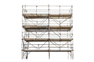 Image of a sturdy metal scaffolding structure used in construction, isolated on a transparent background. showing multiple levels and cross supports. png